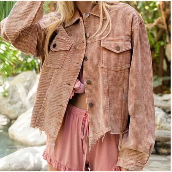 POL Cropped Corduroy Jacket Size S Tan Raw Hem Trucker Long Sleeve Festival - Picture 1 of 10